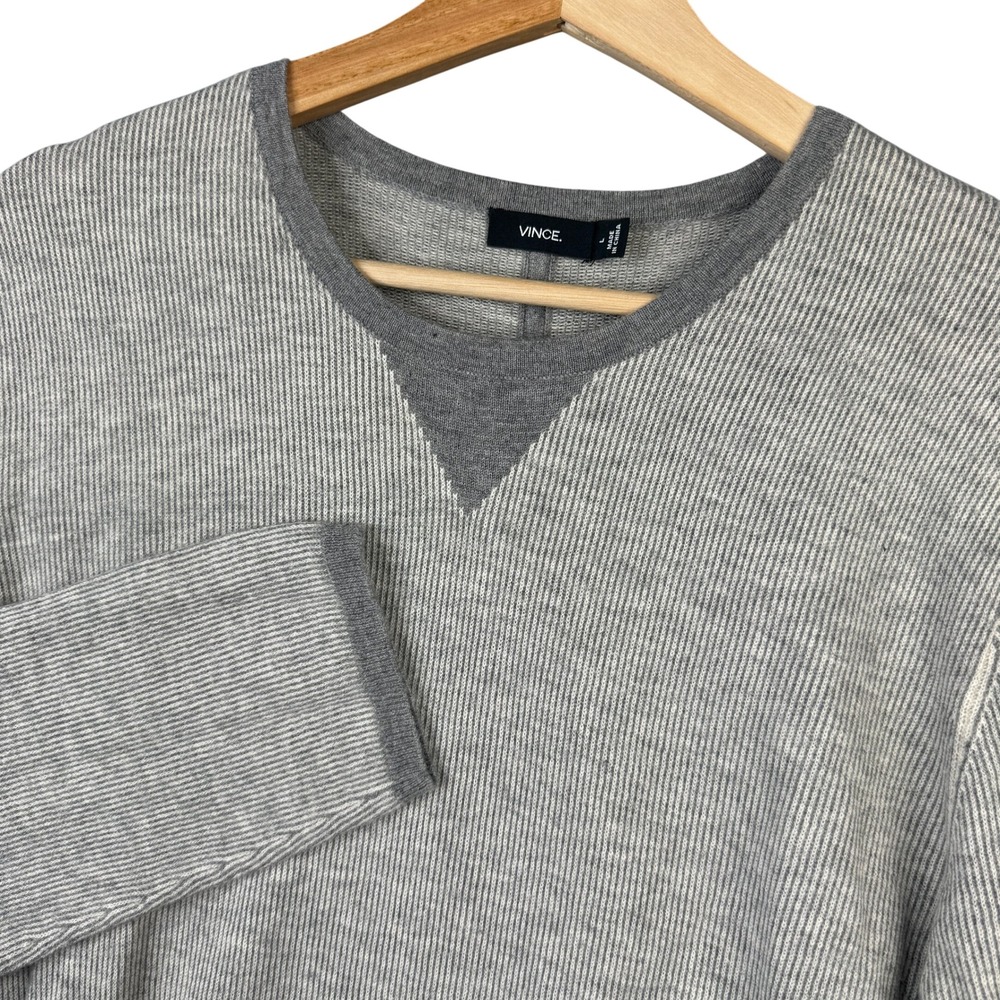 Vince Mens Gray Wool Cashmere Blend Striped V-Stitch Crew Neck Sweater Large